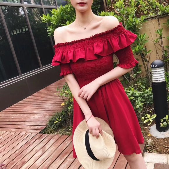 Off Shoulder Summer Dress Red - Picture 1 of 8